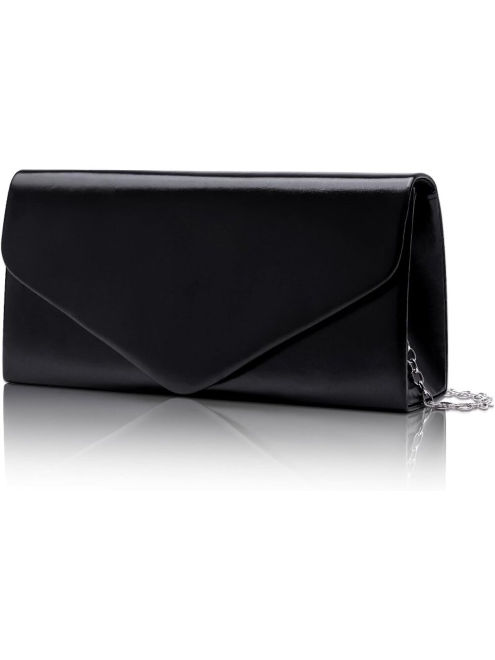 Women's Black Vegan Leather Envelope Clutch Chain Strap Wedding Evening Purse